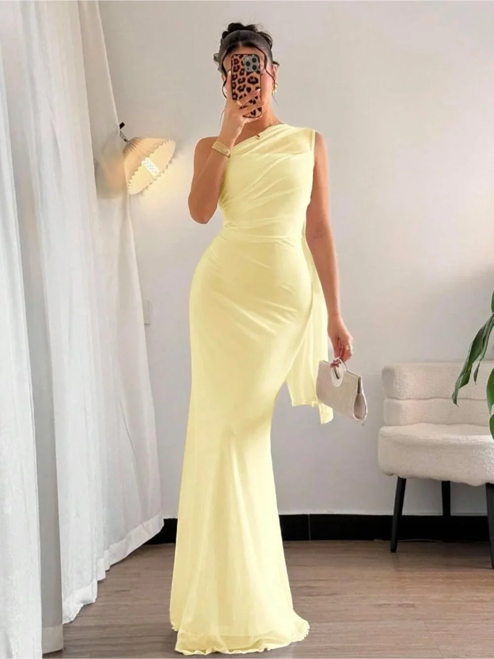 Women's Light Yellow Off The Shoulder Mid Waist Mermaid Cocktail Maxi Dress